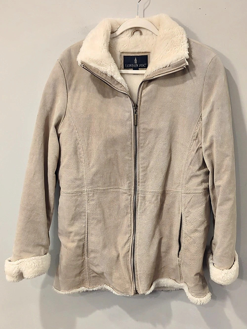 London Fog Leather Jacket w Faux Shearling Lining Beige Large